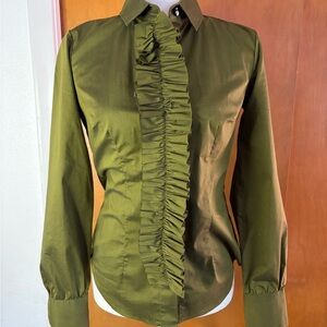 New York & Company Olive Green Ruffle Front Button Blouse Size S